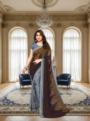 SmittenSmit Printed Bollywood Georgette Saree(Grey, Brown)