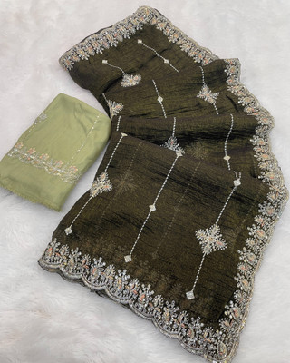Tradivibe Embroidered, Embellished Bollywood Chiffon Saree(Dark Green)