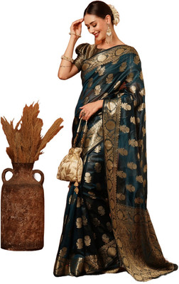 SHRIMAY Floral Print Bollywood Net, Organza Saree(Dark Blue)