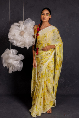 MIRCHI FASHION Printed Daily Wear Chiffon, Georgette Saree(Yellow, White)