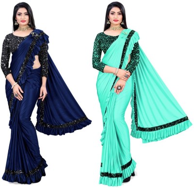 HARIOM FASHION Woven, Embellished, Solid/Plain Bollywood Lycra Blend Saree(Pack of 2, Multicolor)