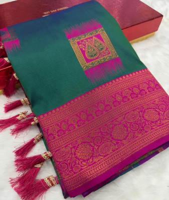 fospy Woven Paithani Pure Silk Saree(Dark Green)