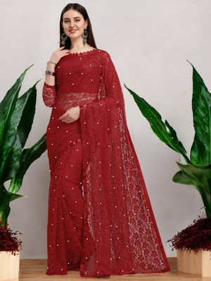 NORAFLEX Embroidered Bollywood Net Saree(Maroon)