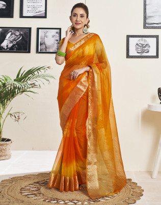 SIRIL Woven Banarasi Organza, Jacquard Saree(Orange, Yellow, Gold)