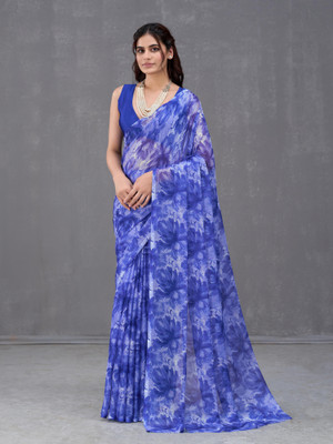 GARDEN VARELI Floral Print Bollywood Chiffon Saree(Blue)