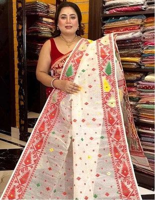 SP Boutique Woven Jamdani Cotton Silk Saree(White, Red)