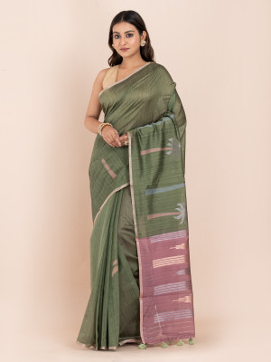 Kk Kavvya Crsk Solid/Plain Assam Silk Raw Silk Saree(Green)