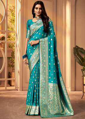 Pervas Woven Kanjivaram Cotton Silk, Pure Silk Saree(Blue)