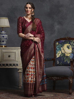Anouk Rustic Printed Ikkat Silk Blend Saree(Maroon)
