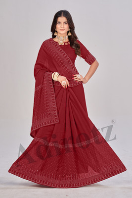 Adirotz Embellished Chanderi Pure Silk Saree(Maroon)