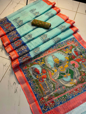 INSTAVASTRA Floral Print Bollywood Cotton Linen, Linen Saree(Blue)