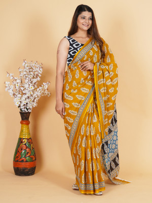 latest cotton mulmul saree Printed, Blocked Printed, Hand Painted Ikkat Pure Cotton Saree(Mustard)
