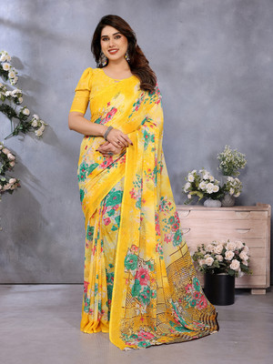 Anand Sarees Floral Print Daily Wear Georgette Saree(Yellow)