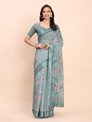 Divastri Printed Kantha Cotton Linen Saree(Grey)