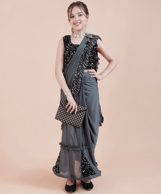 VRAJTEX FAB Solid/Plain Bollywood Lycra Blend Saree(Grey)