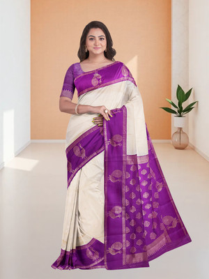 Ramraj Cotton Printed Saree with Attached Blouse Art Silk Saree(Cream)