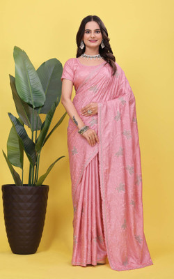 LH ENTERPRISE Embroidered, Self Design, Embellished Bollywood Silk Blend Saree(Pink)