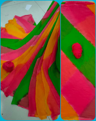 Lambu Fashion Color Block, Hand Painted, Solid/Plain Leheria Chiffon Saree(Multicolor)