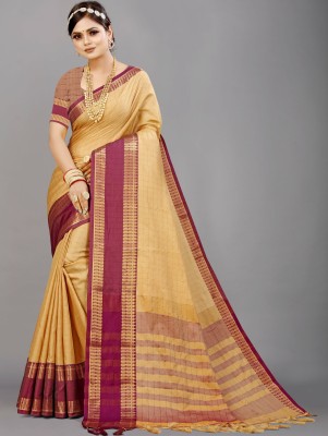 Miswa Woven, Checkered, Dyed Bollywood Cotton Silk, Tussar Silk Saree(Beige, Maroon)