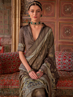 ANOUK Printed Bandhani Silk Blend Saree(Brown)