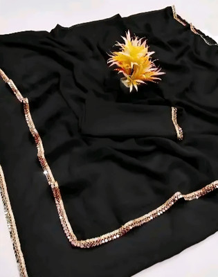 Arpita Fashion Solid/Plain, Striped Bollywood Georgette Saree(Black)