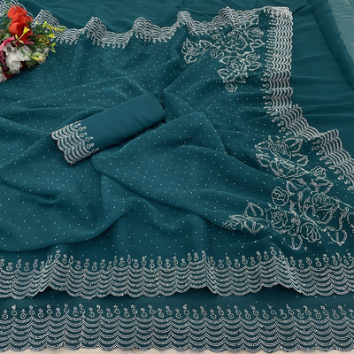 KHRITI FAB Embellished Bollywood Organza Saree(Dark Blue)