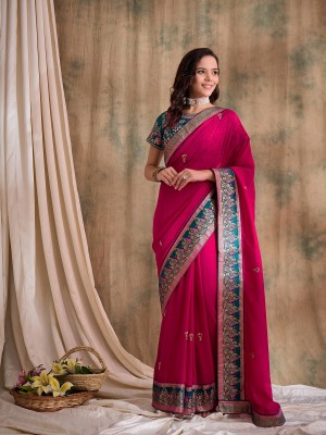 Sangria Embroidered Kalamkari Silk Blend Saree(Pink)