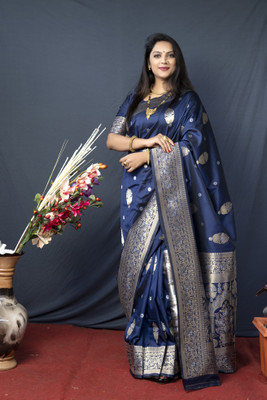 sarjan creation Self Design, Digital Print Banarasi Pure Silk, Cotton Silk Saree(Blue)