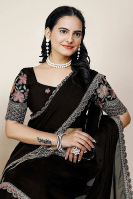 Pionex Embroidered Bollywood Silk Blend Saree(Black)