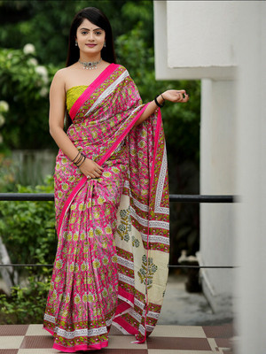 ANOUK Printed Saree with Attached Blouse Pure Cotton Saree(Pink)