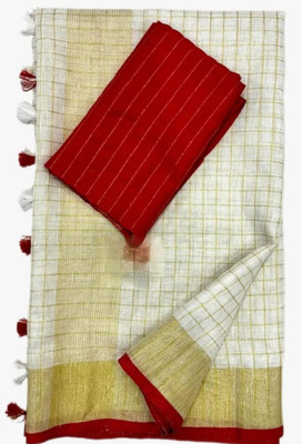 Ethnicspecial Checkered Handloom Cotton Linen Saree(White)