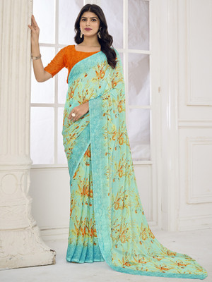 Divastri Floral Print, Geometric Print, Digital Print, Printed Bollywood Chiffon Saree(Light Blue)