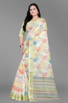 SANJEVAY Digital Print Daily Wear Linen Saree(Cream)