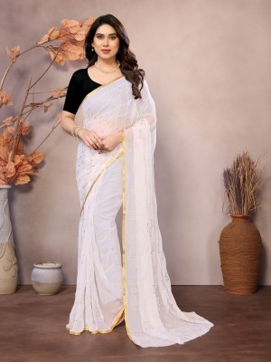 REDFISH Printed Bollywood Chiffon Saree(White)