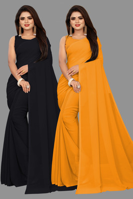 V And V Shop Solid/Plain Bollywood Georgette Saree(Pack of 2, Purple, Black)