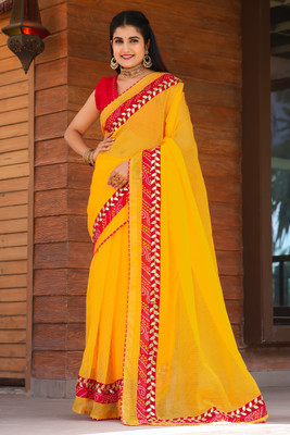 Kanooda Prints Woven Kota Doria Net Saree(Yellow)