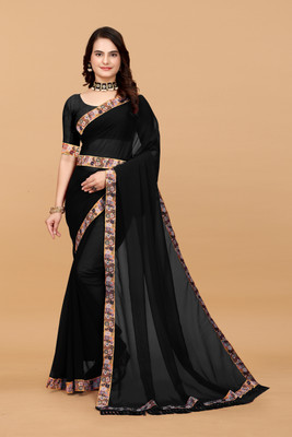 HIJA TRENDZ Embroidered, Solid/Plain Bollywood Georgette Saree(Black)