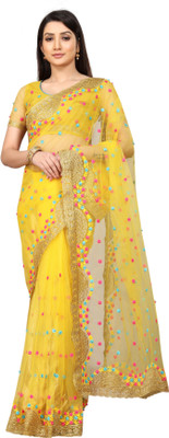YARA CREATION Embroidered Bollywood Net Saree(Yellow)