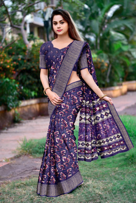 DHARMRAJ ENTERPRISE Floral Print, Woven, Printed Banarasi Cotton Blend Saree(Purple)
