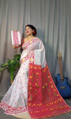 Rnn Saree Embroidered Jamdani Cotton Silk Saree(Red, White)