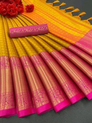 Darshita International Woven Narayanpet Cotton Silk, Silk Blend Saree(Yellow, Pink)