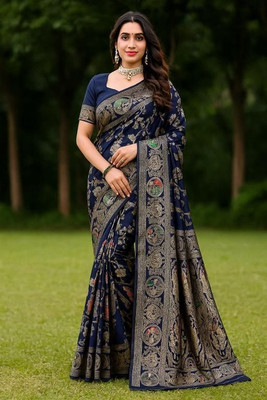 TODAY DEAL Woven Kanjivaram Silk Blend Saree(Dark Blue)