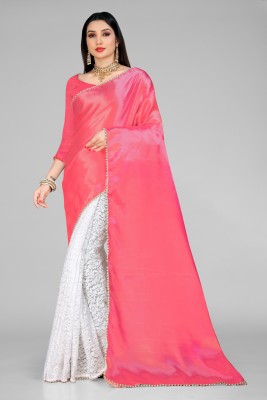 VANRAJ CREATION Color Block Bollywood Satin, Net Saree(White, Pink)