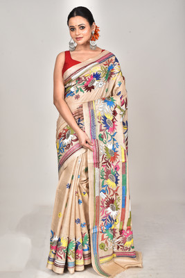 Ramshyam Collection Woven Kantha Pure Silk Saree(Beige)