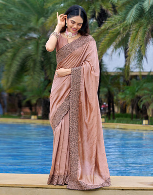 Samah Dyed, Embroidered, Embellished Bollywood Silk Blend Saree(Brown)