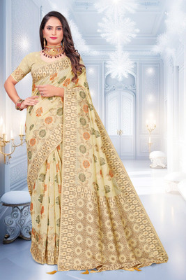 NANDKUMAR TRENDS PVT LTD Woven, Self Design Banarasi Cotton Linen Saree(Yellow)