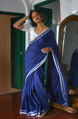 makalitraders Solid/Plain Handloom Cotton Blend Saree(Blue)