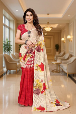 SmittenSmit Printed Bollywood Georgette Saree(Red, Cream)
