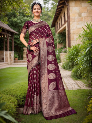 ANOUK Woven Banarasi Organza Saree(Magenta)