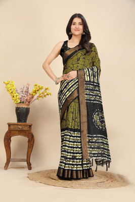 J6 Designers Printed Hand Batik Cotton Silk Saree(Green)